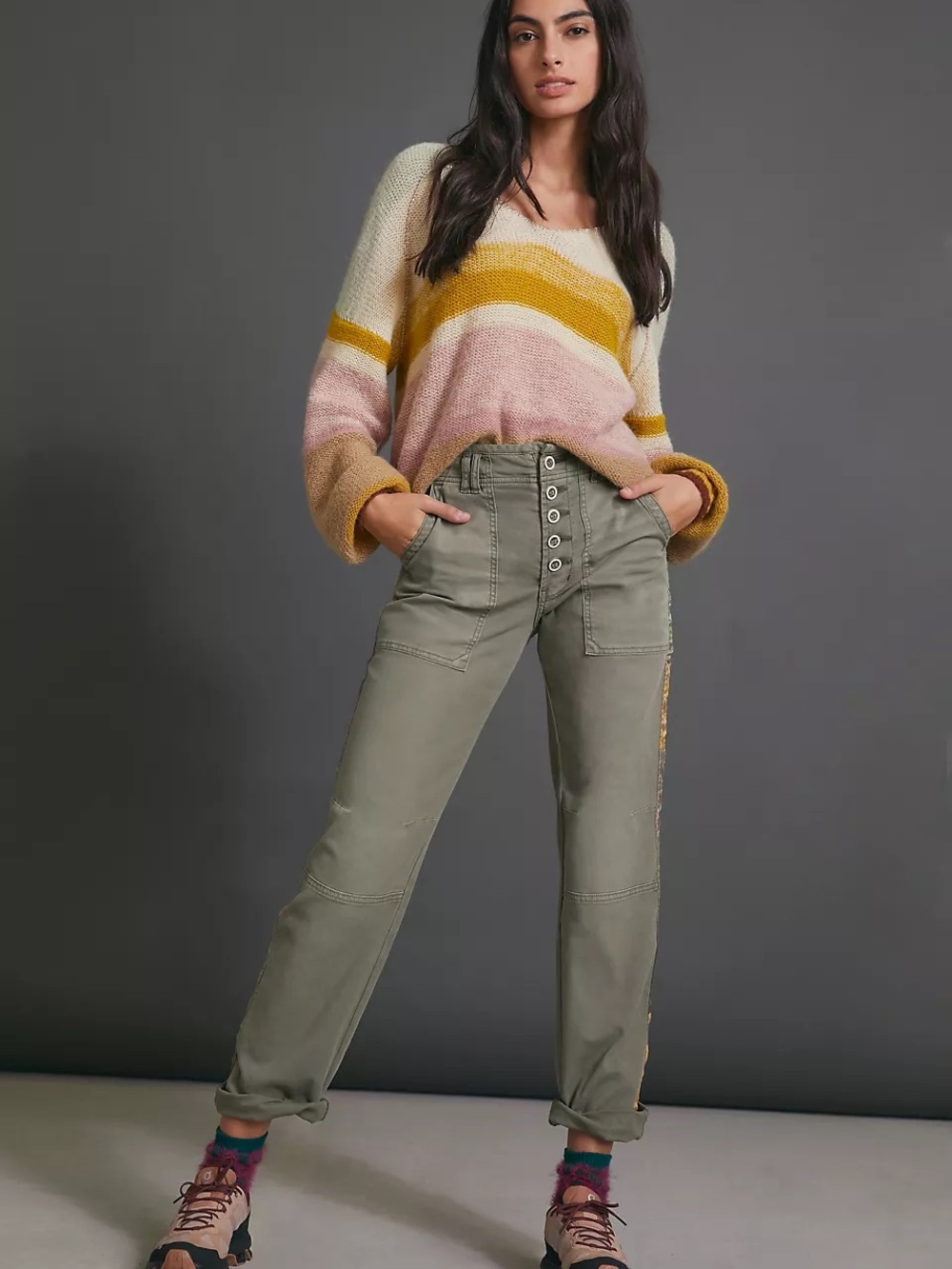Anthropologie Wanderer Boyfriend Cargo Cotton Pants Side Trim embroidered